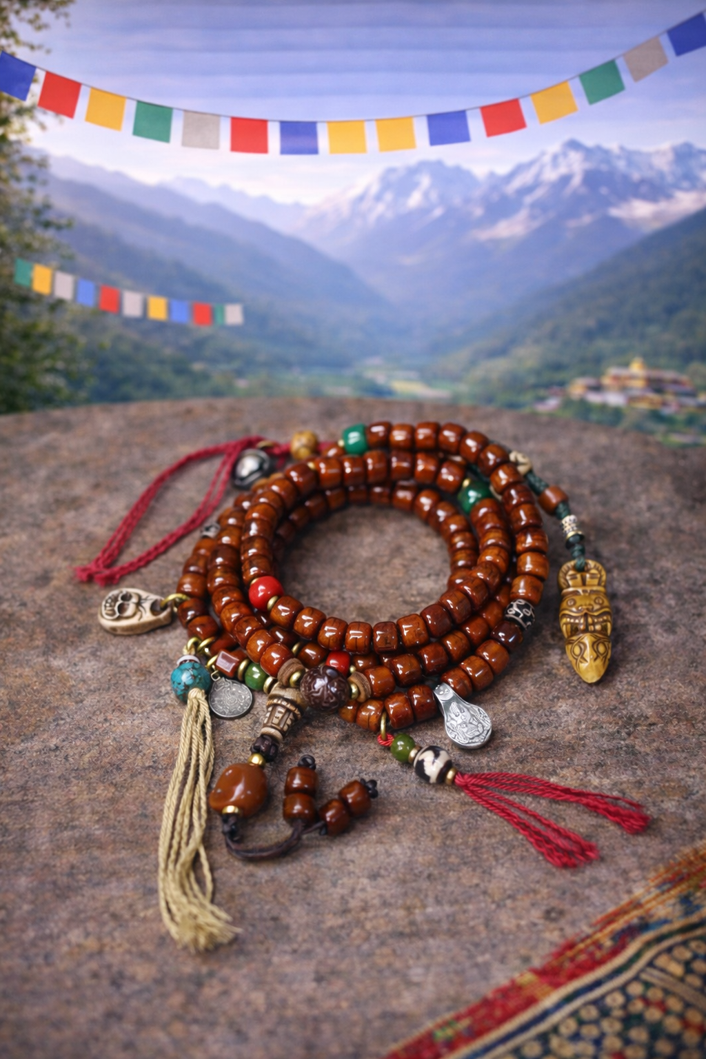 Guardian Spirit 108 Yak Bone Dzi Turquoise Tibetan Mala Necklace