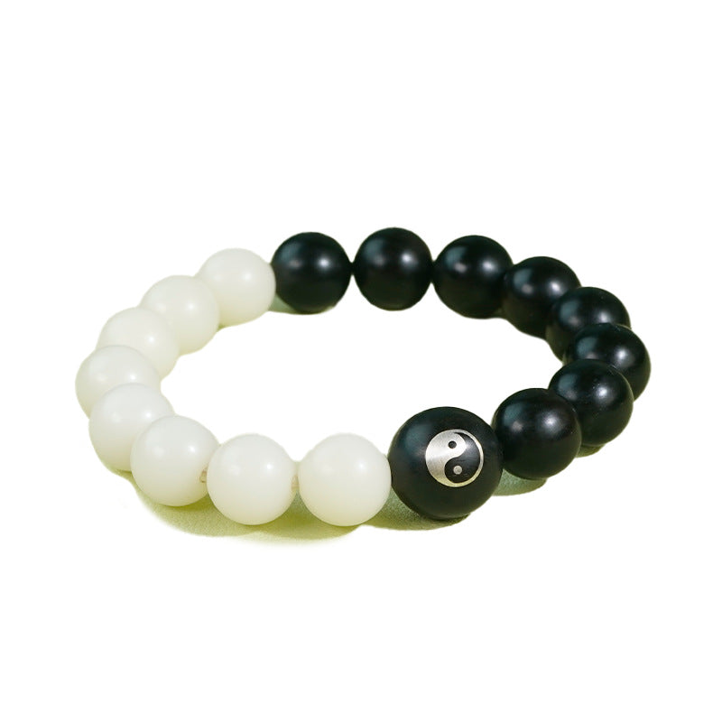 Purple sandalwood inlaid with silver Yin-Yang Tai Chi Taoist flowing beads bracelet, white jade Bodhi ebony inlaid Yin-Yang fish bracelet