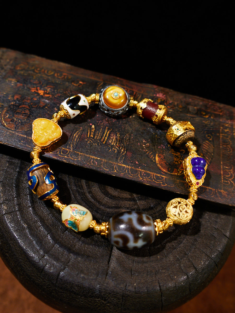 Four Treasure Vases Multicolor Agarwood 18K Gold Bracelet