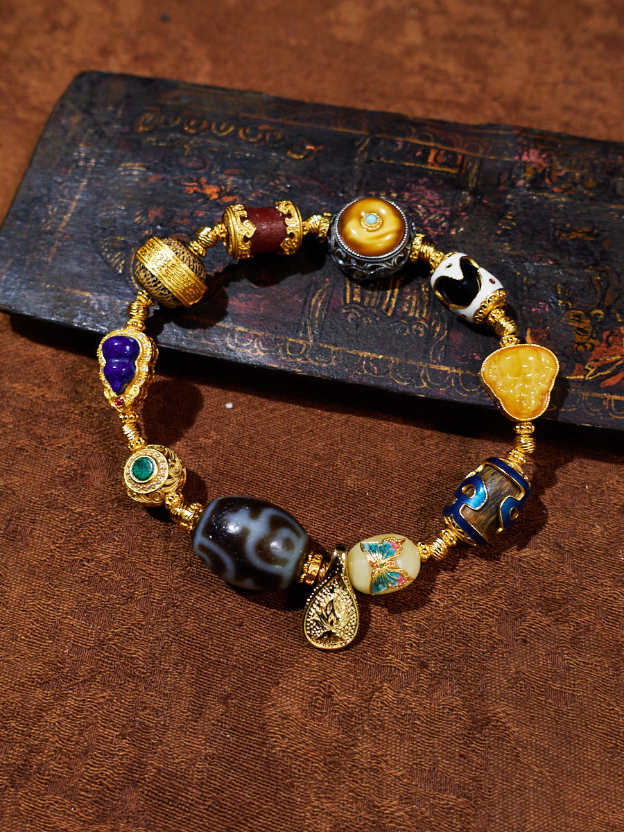 Four Treasure Vases Multicolor Agarwood 18K Gold Bracelet