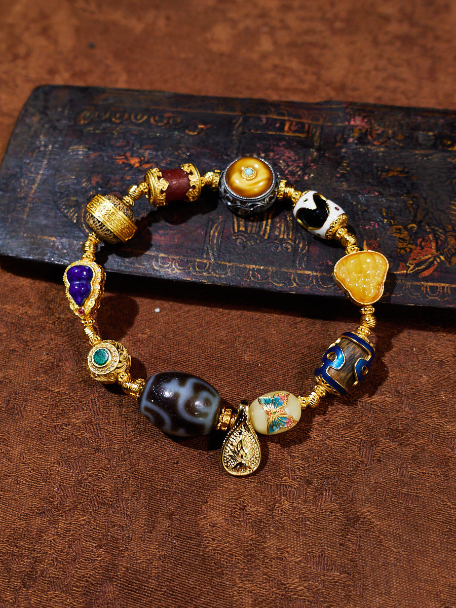 Four Treasure Vases Multicolor Agarwood 18K Gold Bracelet