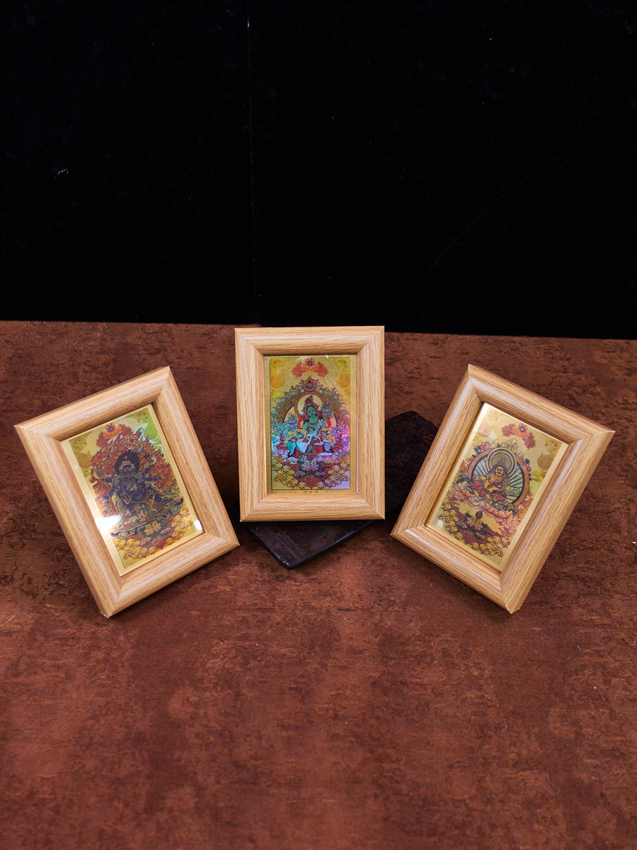 Golden Holographic Tibetan Deity Mini Frames – Green Tara, Dzambhala, and Mahakala Protection Set
