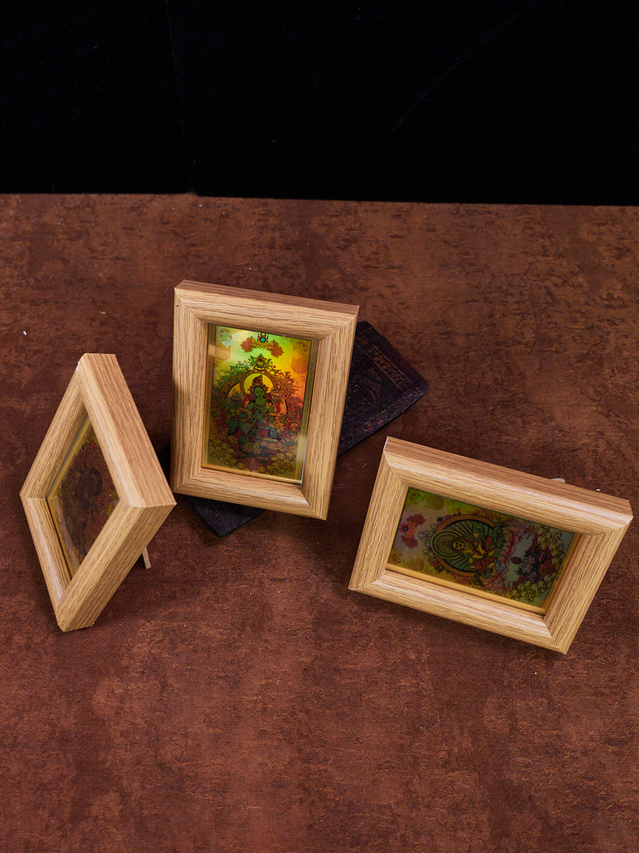Golden Holographic Tibetan Deity Mini Frames – Green Tara, Dzambhala, and Mahakala Protection Set
