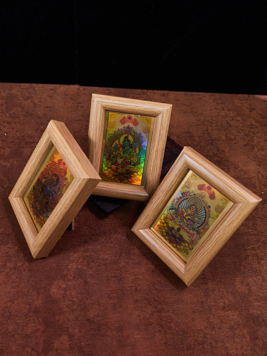 Golden Holographic Tibetan Deity Mini Frames – Green Tara, Dzambhala, and Mahakala Protection Set