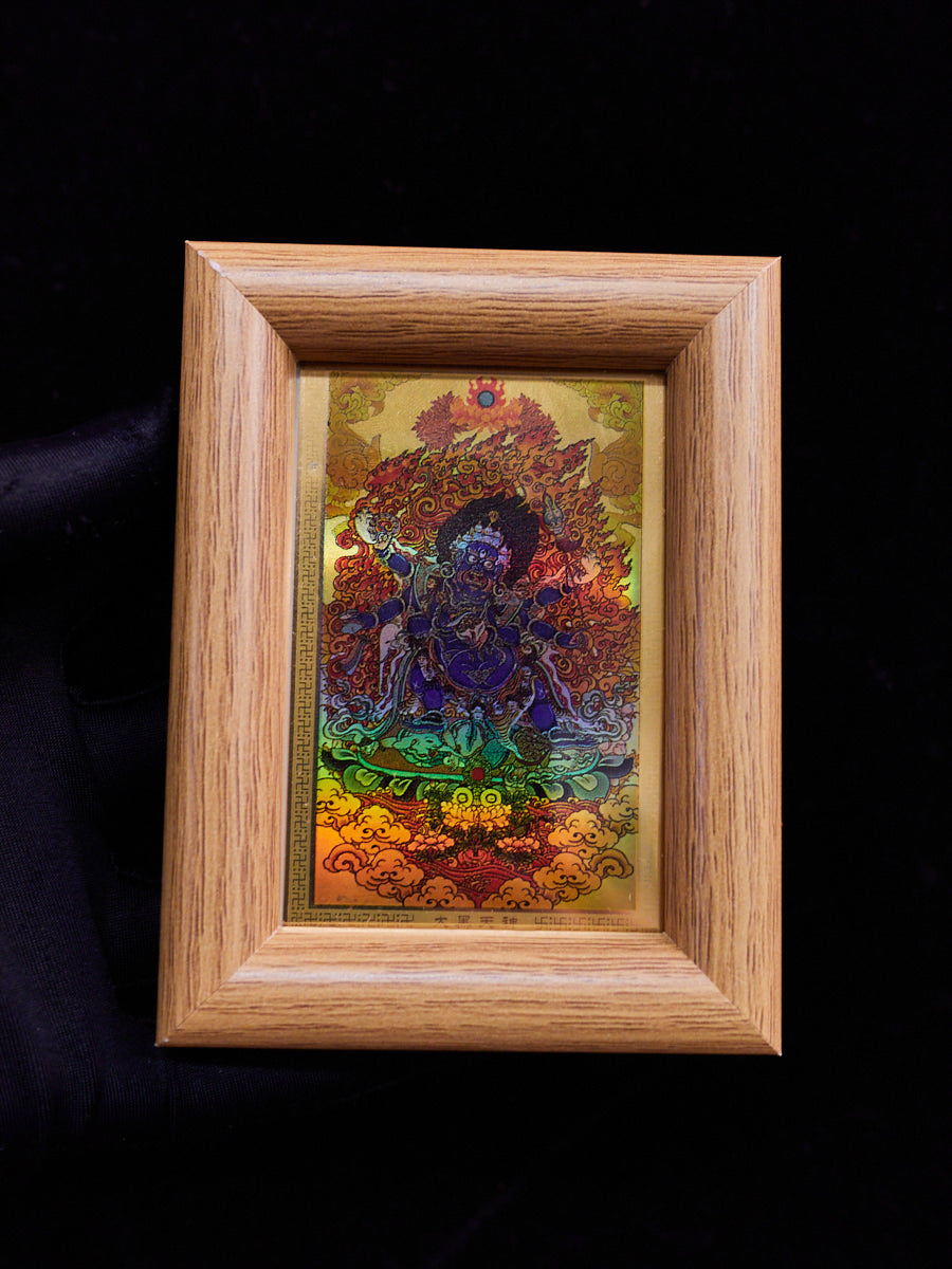 Golden Holographic Tibetan Deity Mini Frames – Green Tara, Dzambhala, and Mahakala Protection Set
