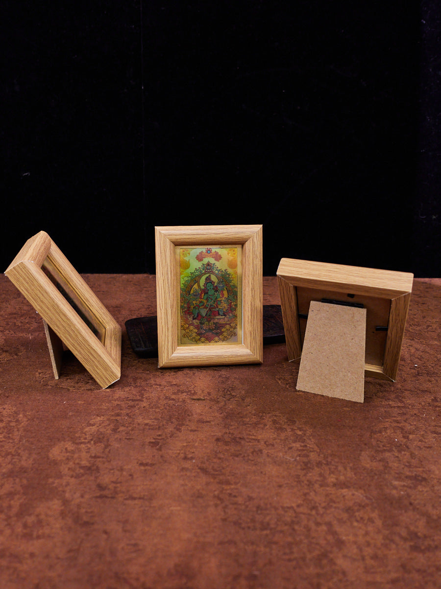 Golden Holographic Tibetan Deity Mini Frames – Green Tara, Dzambhala, and Mahakala Protection Set