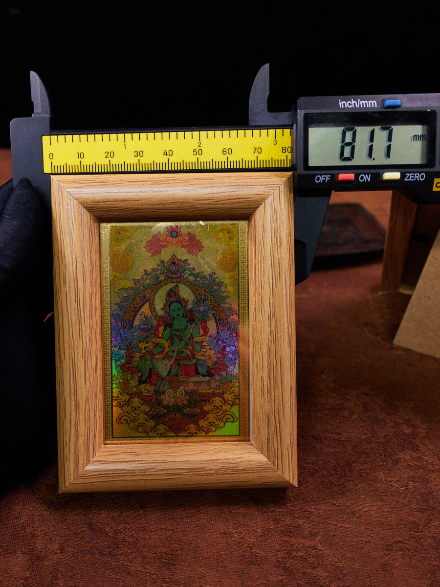 Golden Holographic Tibetan Deity Mini Frames – Green Tara, Dzambhala, and Mahakala Protection Set