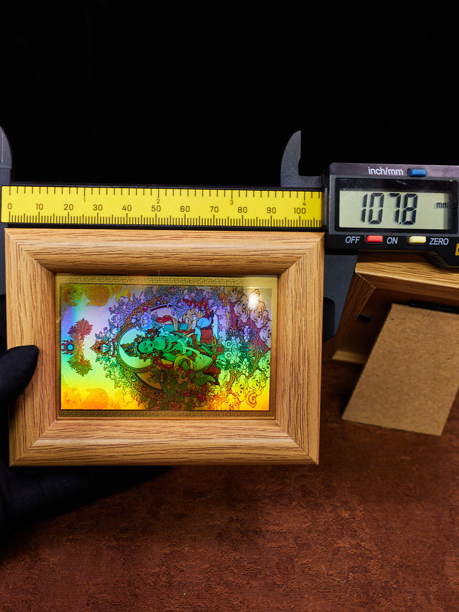 Golden Holographic Tibetan Deity Mini Frames – Green Tara, Dzambhala, and Mahakala Protection Set