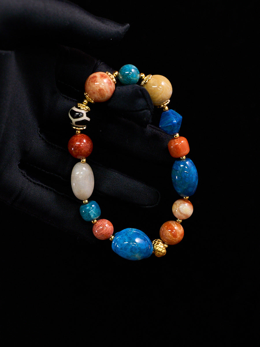 Agatized Coral & Turtle-Back Longevity Bead Protection Bracelet
