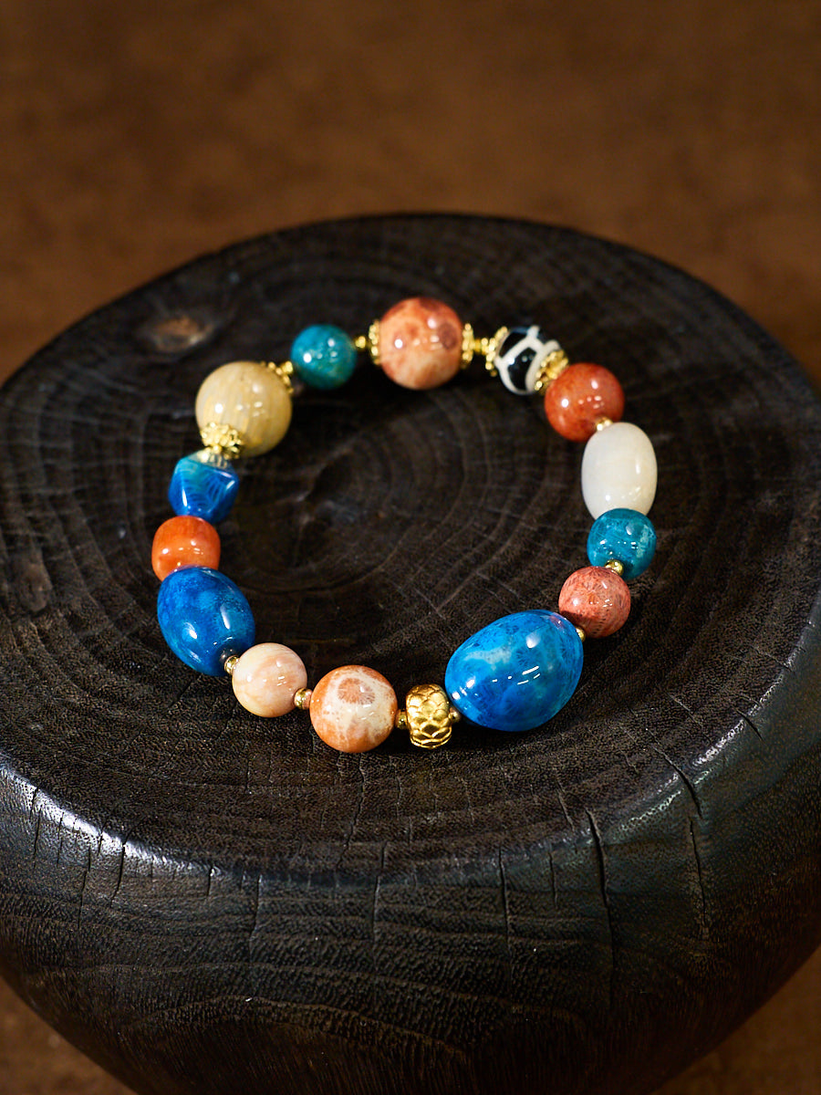 Agatized Coral & Turtle-Back Longevity Bead Protection Bracelet