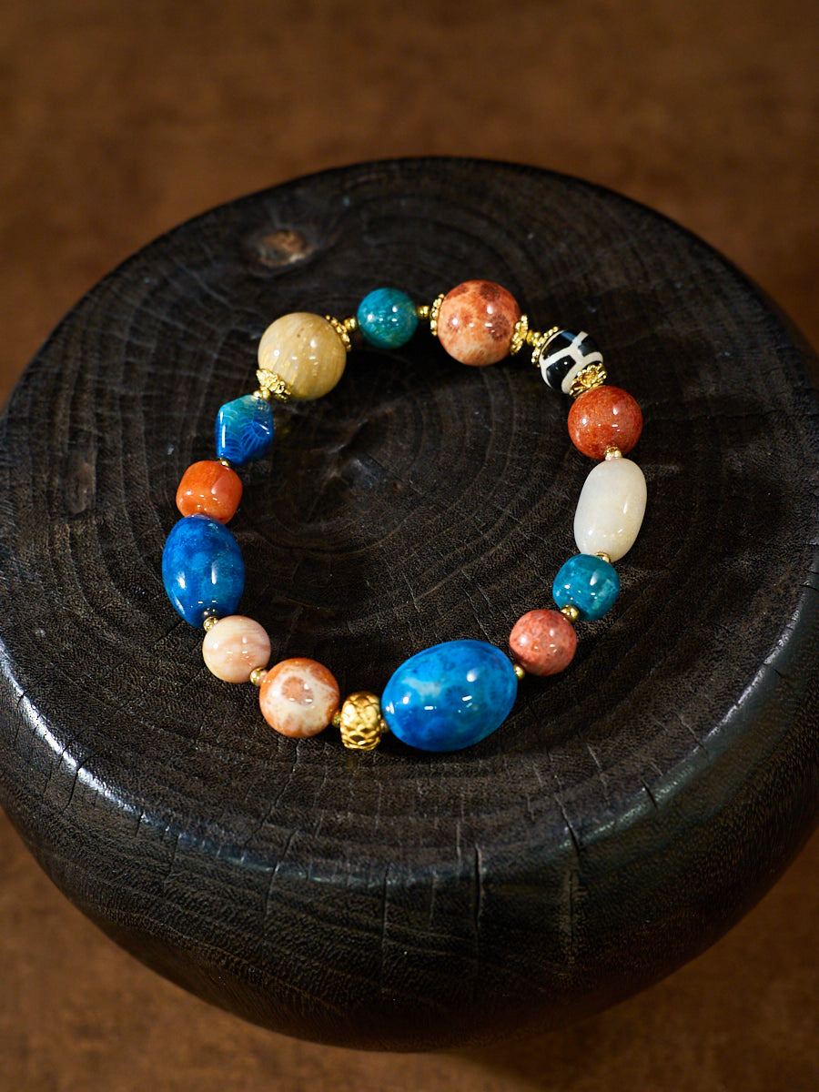 Agatized Coral & Turtle-Back Longevity Bead Protection Bracelet