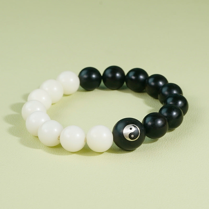 Purple sandalwood inlaid with silver Yin-Yang Tai Chi Taoist flowing beads bracelet, white jade Bodhi ebony inlaid Yin-Yang fish bracelet