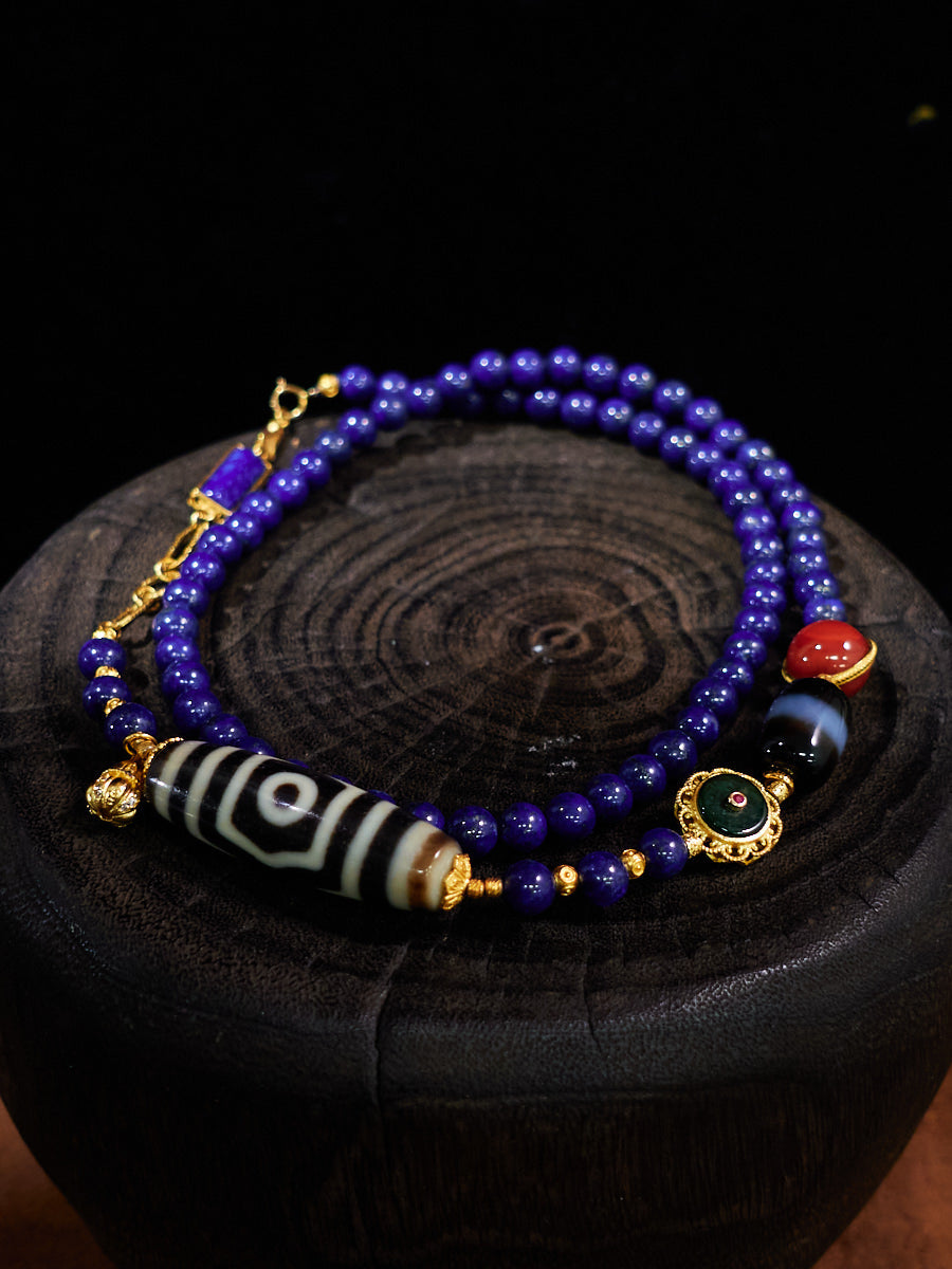 Treasure-Cover Three-Eyed Dzi & Lapis Lazuli 18K Gold Necklace
