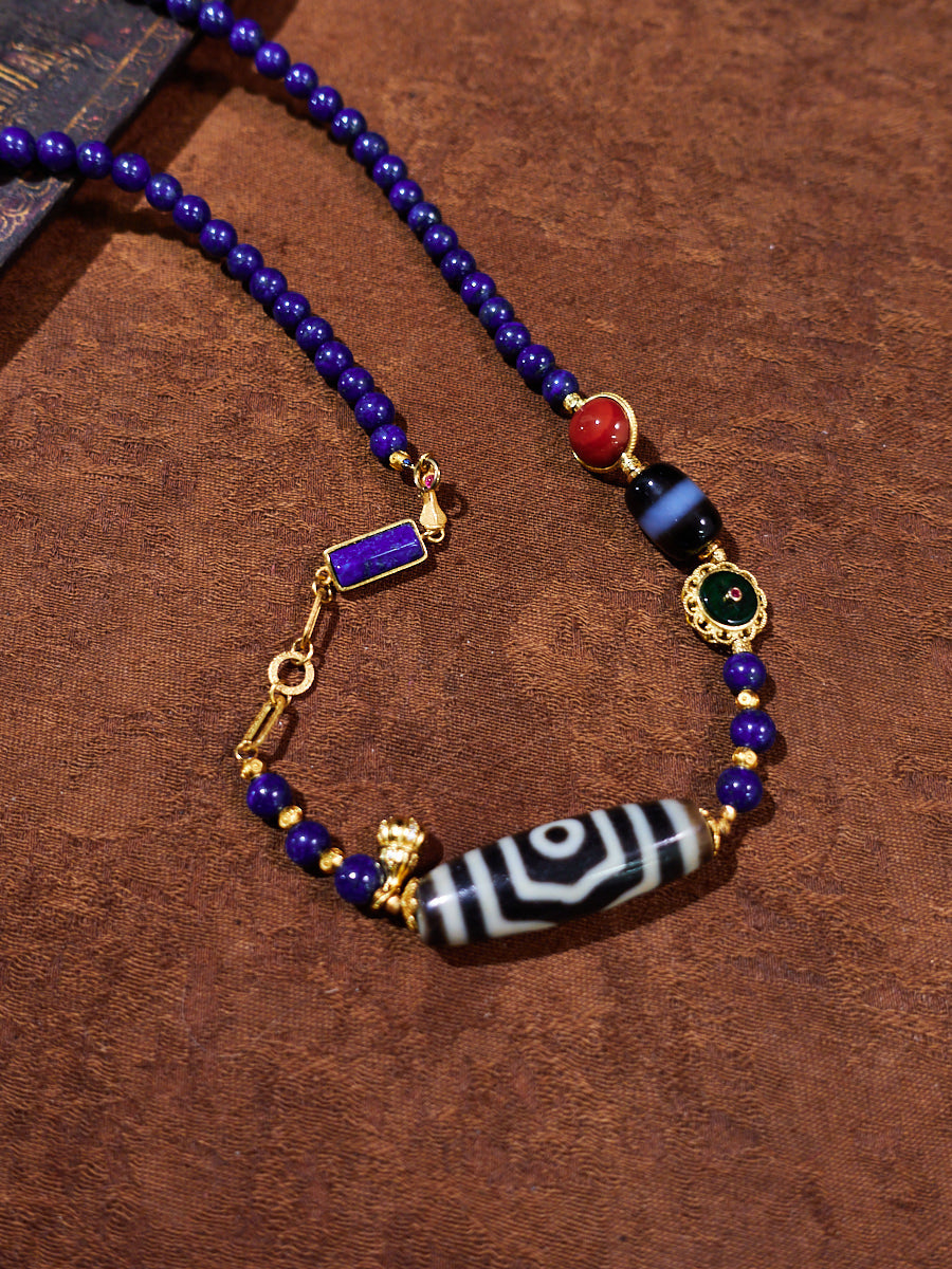 Treasure-Cover Three-Eyed Dzi & Lapis Lazuli 18K Gold Necklace
