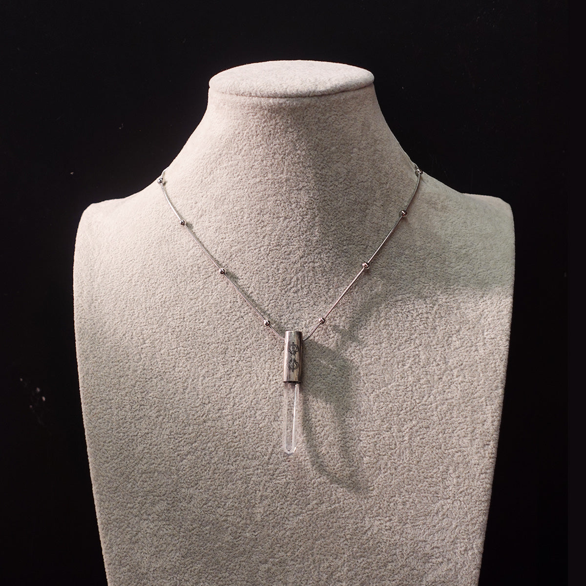 Eight Blessings from Tibet Spiritual Amulet Necklace in Sterling Silver & Crystal Quartz