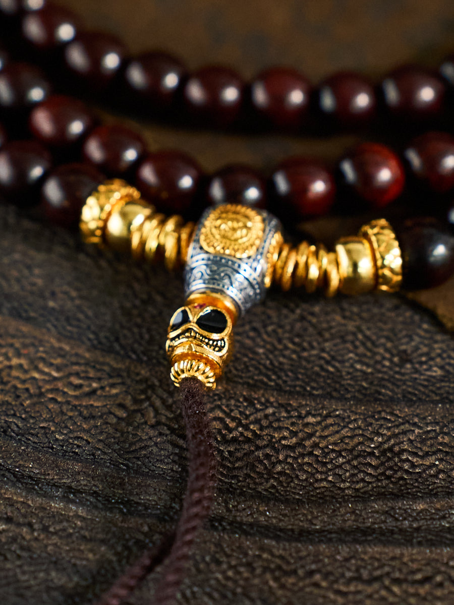Five Directions of Fortune & Divine Protection – Five-Eyed Dzi Bead Rosewood 108 Mala Necklace