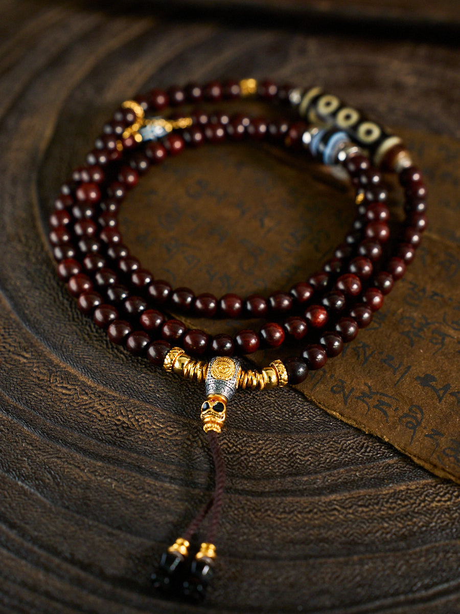 Five Directions of Fortune & Divine Protection – Five-Eyed Dzi Bead Rosewood 108 Mala Necklace