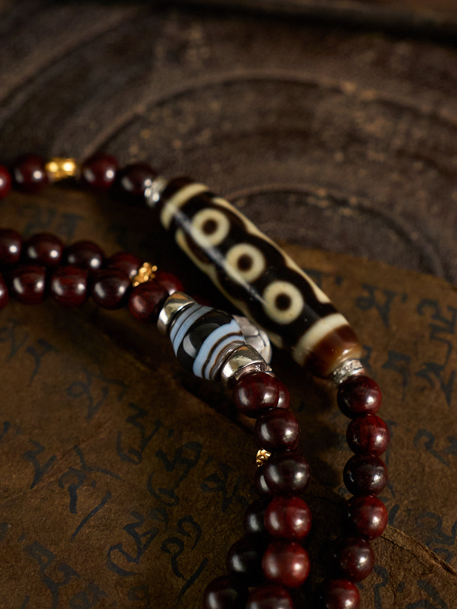 Five Directions of Fortune & Divine Protection – Five-Eyed Dzi Bead Rosewood 108 Mala Necklace