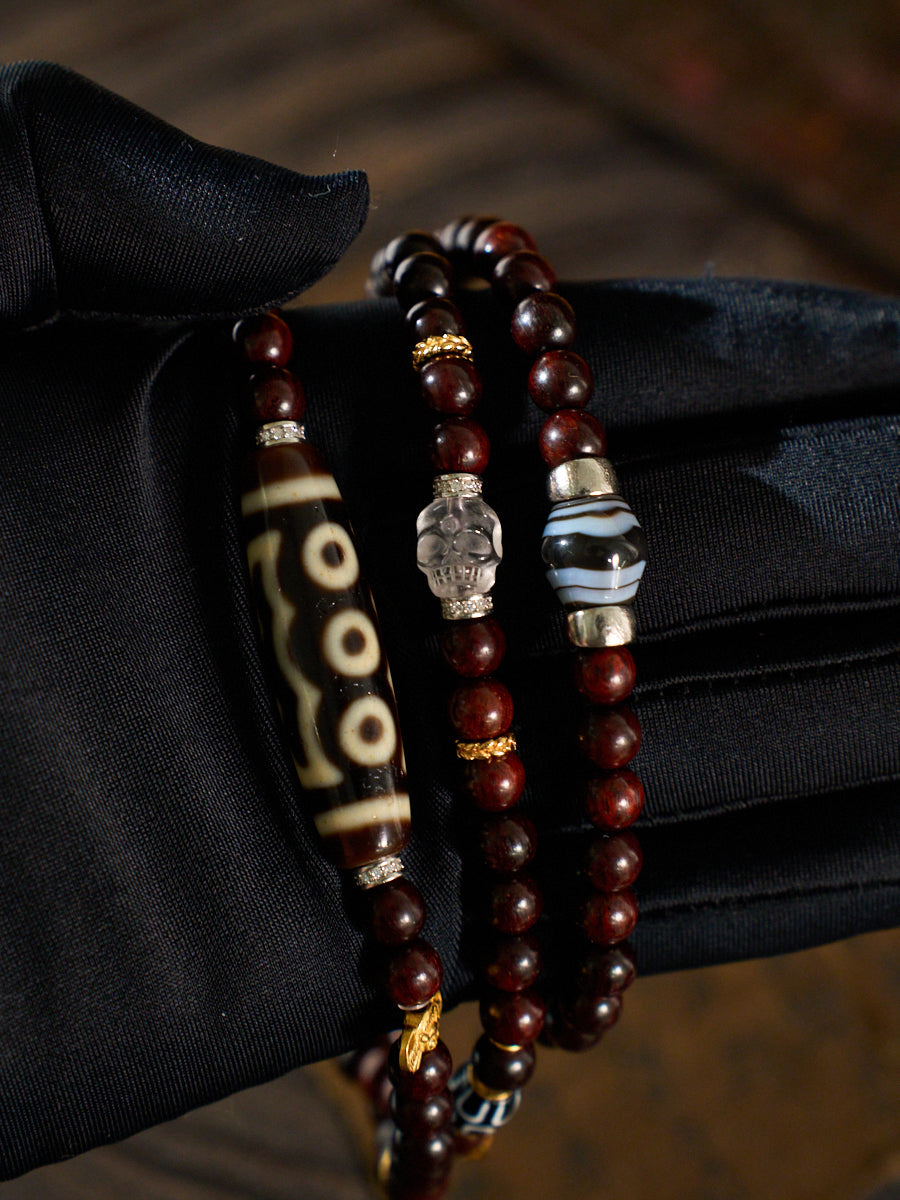 Five Directions of Fortune & Divine Protection – Five-Eyed Dzi Bead Rosewood 108 Mala Necklace