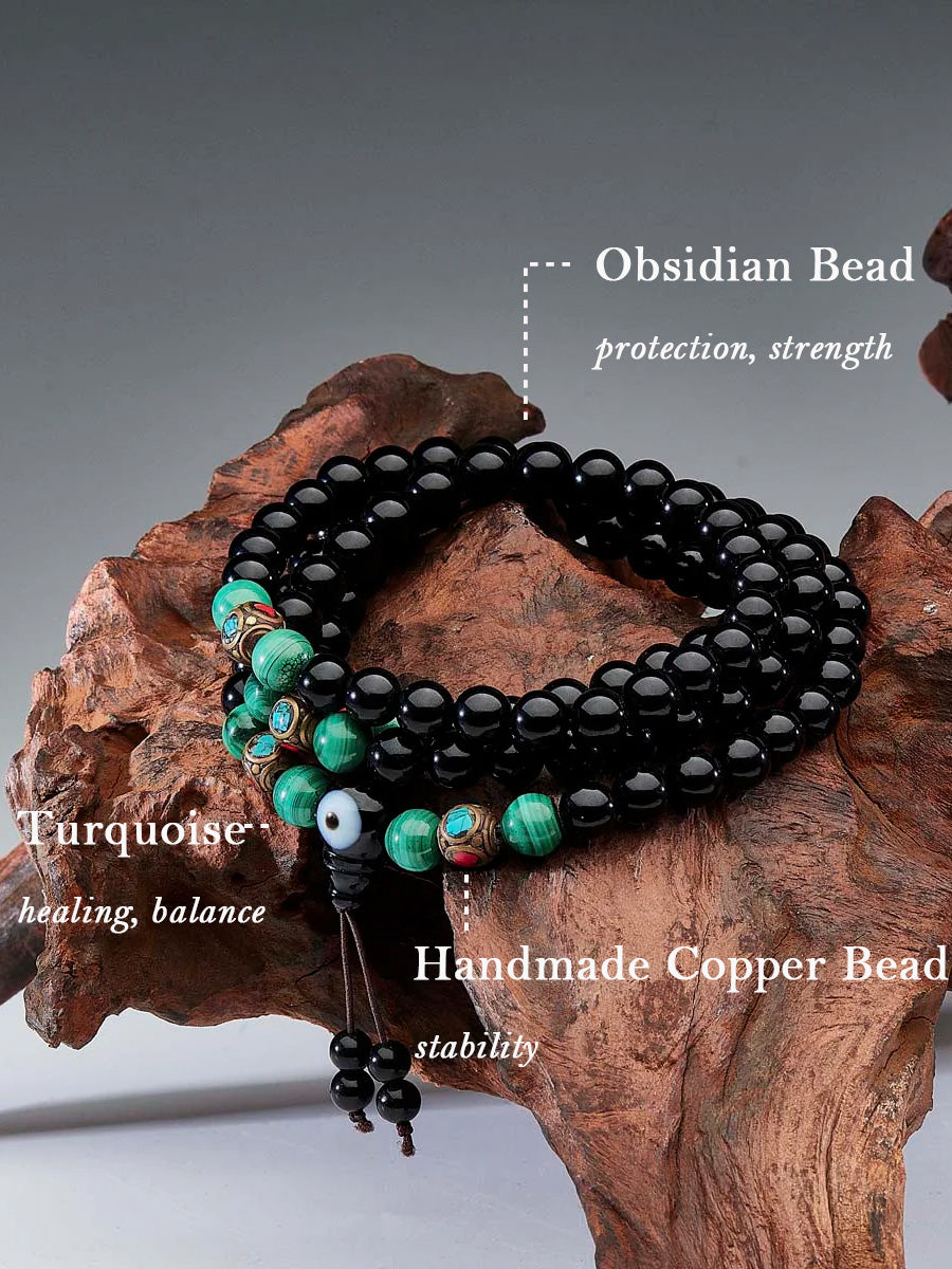 Protection Energy Obsidian and Malachite 108 Mala Bracelet