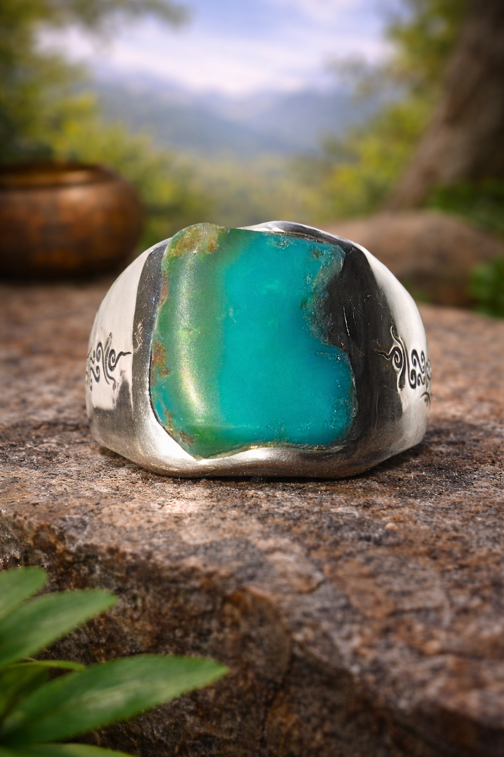 Heaven Earth Union Raw Turquoise Tibetan Silver Ring