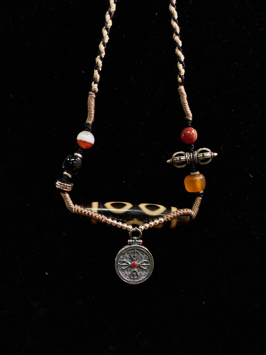 Yellow Jambhala Three-Eyed Dzi & Agate Thangka Necklace