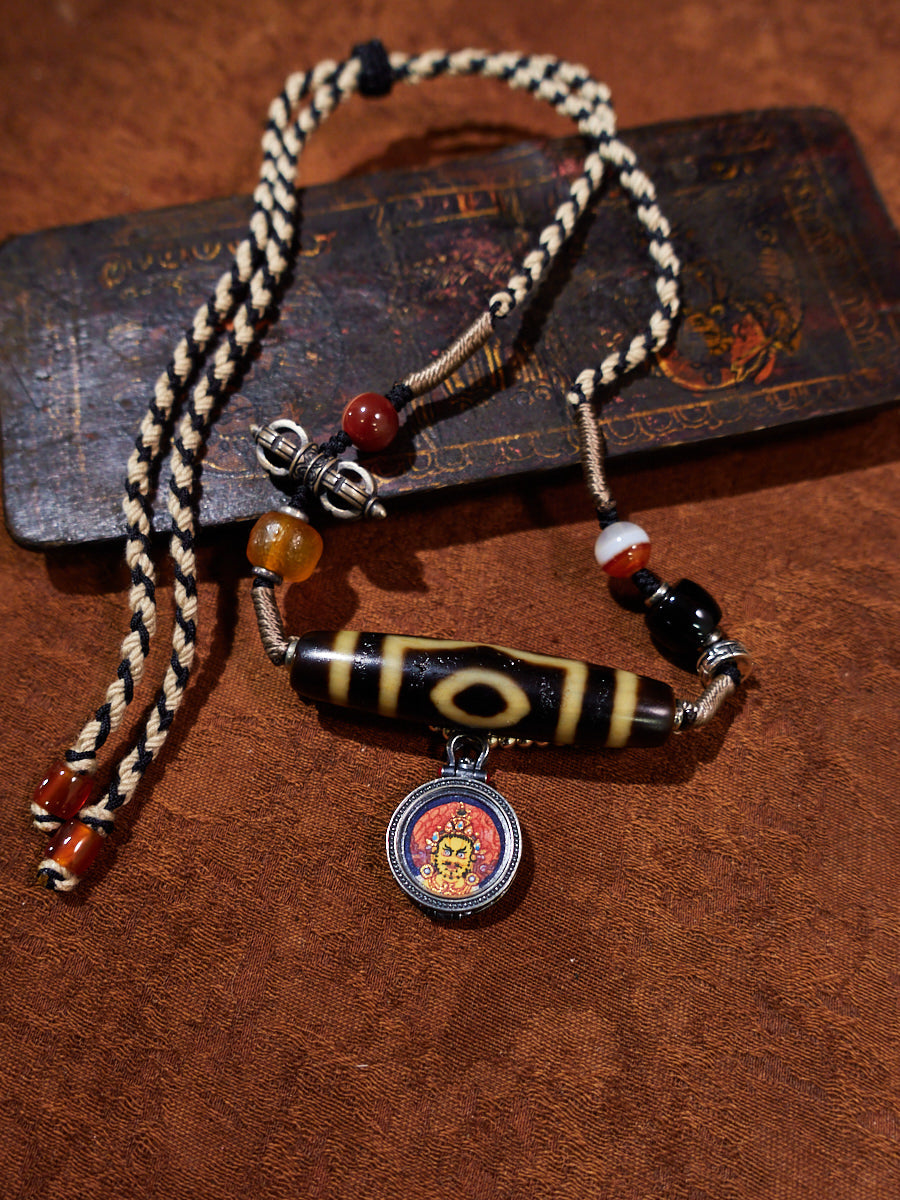 Yellow Jambhala Three-Eyed Dzi & Agate Thangka Necklace