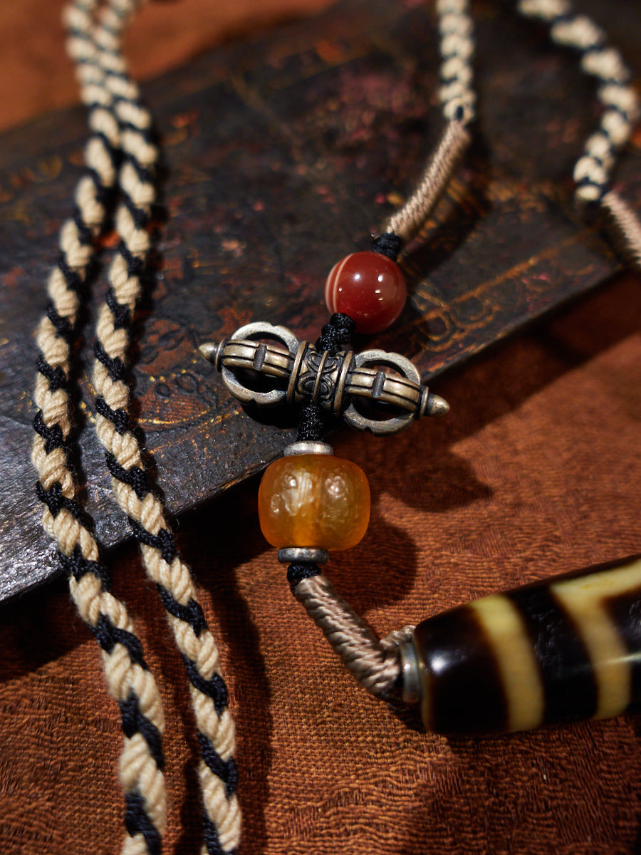 Yellow Jambhala Three-Eyed Dzi & Agate Thangka Necklace