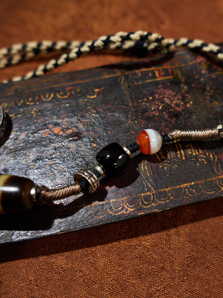Yellow Jambhala Three-Eyed Dzi & Agate Thangka Necklace