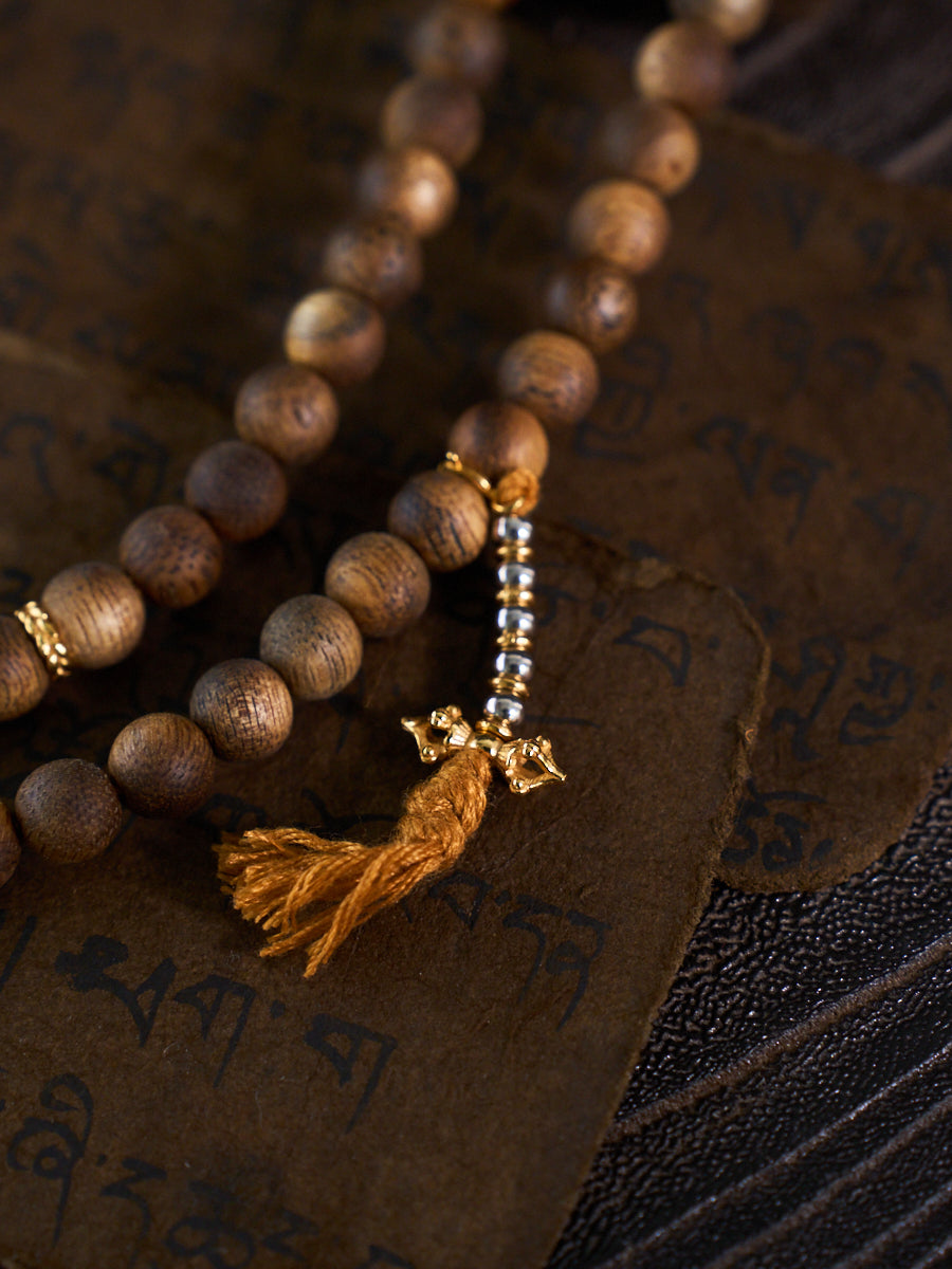 Dual Harmony of Love & Prosperity – Two-Eyed Dzi Bead Agarwood 108 Mala Necklace