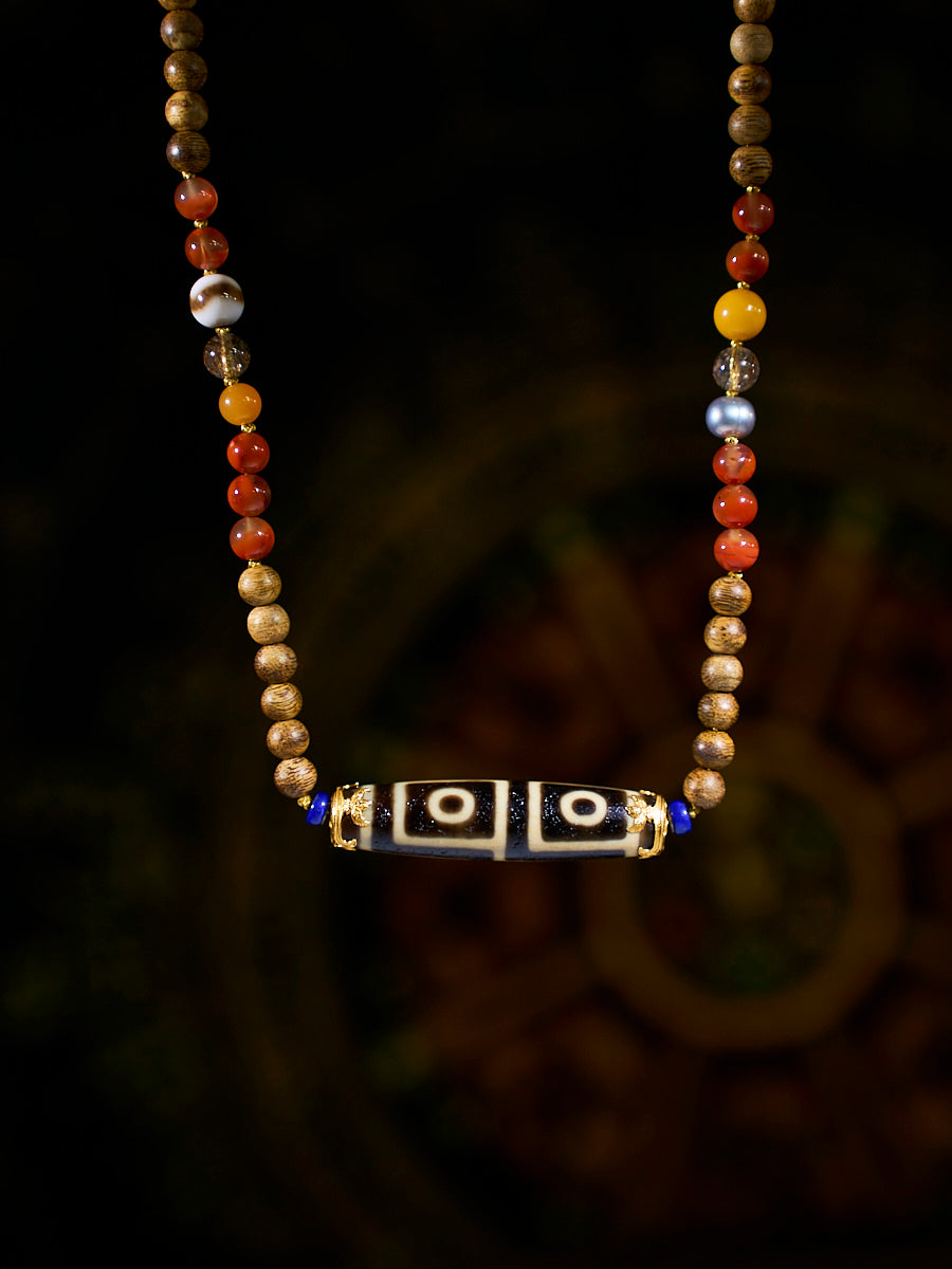 Blessed Wisdom Four-Eyed Agate & Agarwood 18K Gold Necklace