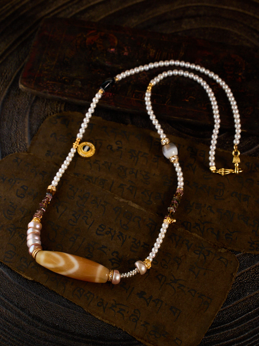 Fortune & Protection Nine-Eyed Cinnabar Dzi Bead Tibetan Necklace