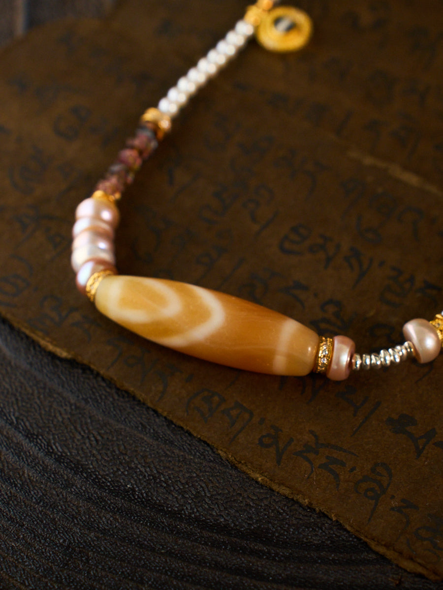 Fortune & Protection Nine-Eyed Cinnabar Dzi Bead Tibetan Necklace