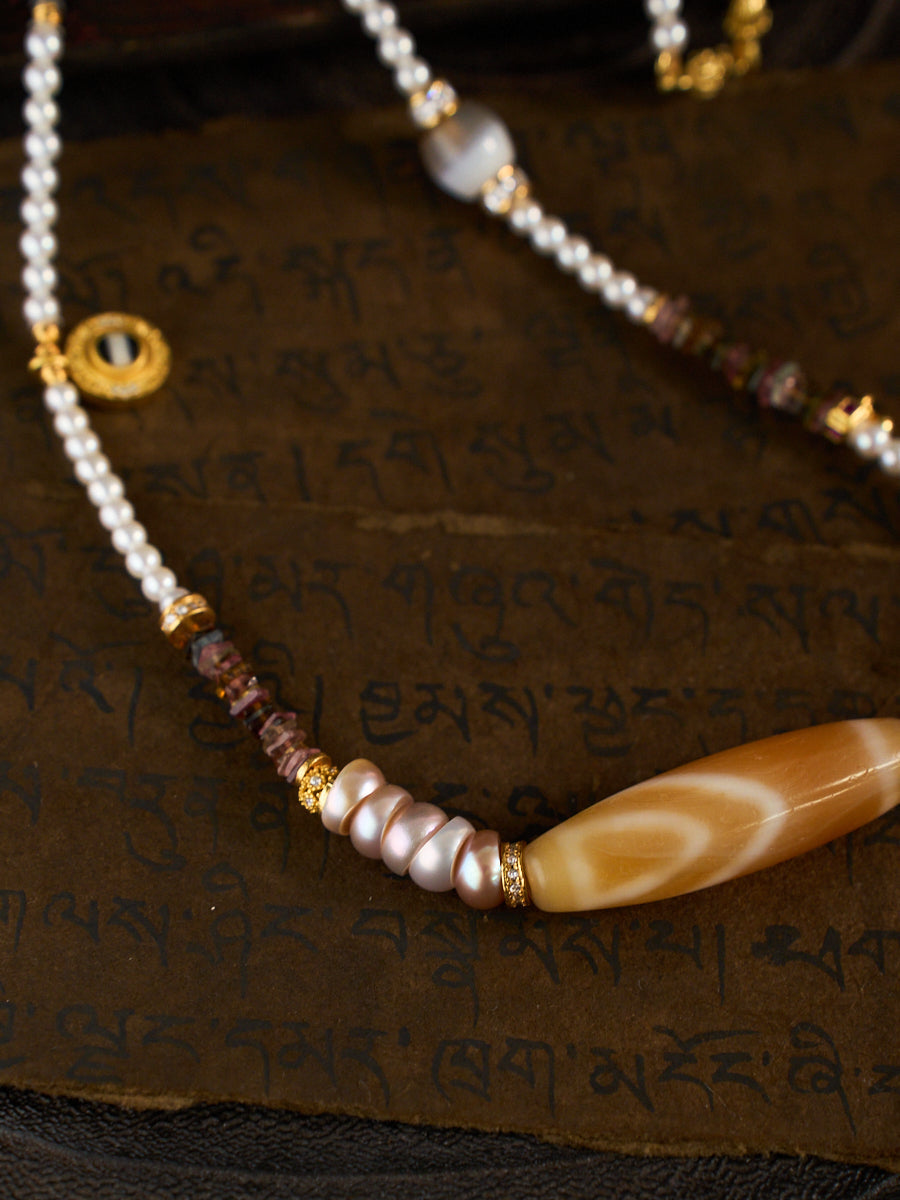 Fortune & Protection Nine-Eyed Cinnabar Dzi Bead Tibetan Necklace