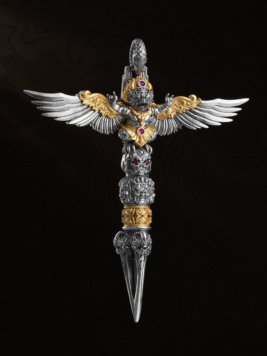 Protection Courage Tibetan Garuda Vajra Phurba Sterling Silver Necklace