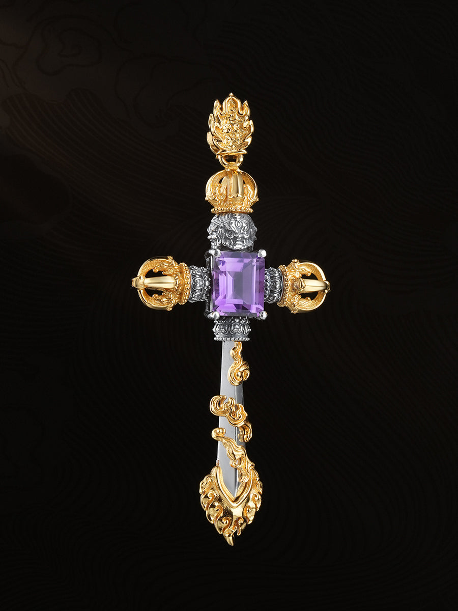Inner Peace Insight Tibetan Amethyst Cross Vajra Protector Necklace