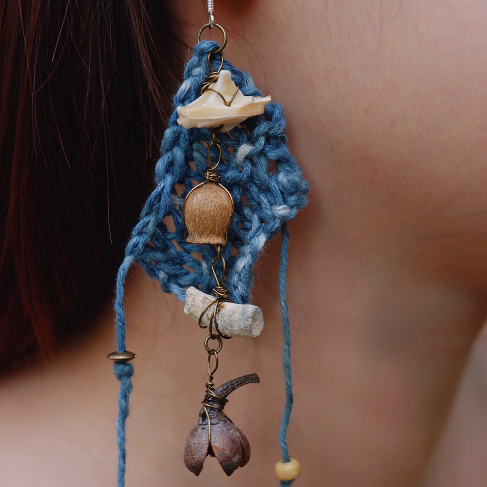 Calm Essence Handmade Earrings with Indigo Cotton and Natural Elements