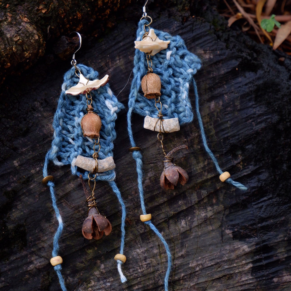 Calm Essence Handmade Earrings with Indigo Cotton and Natural Elements