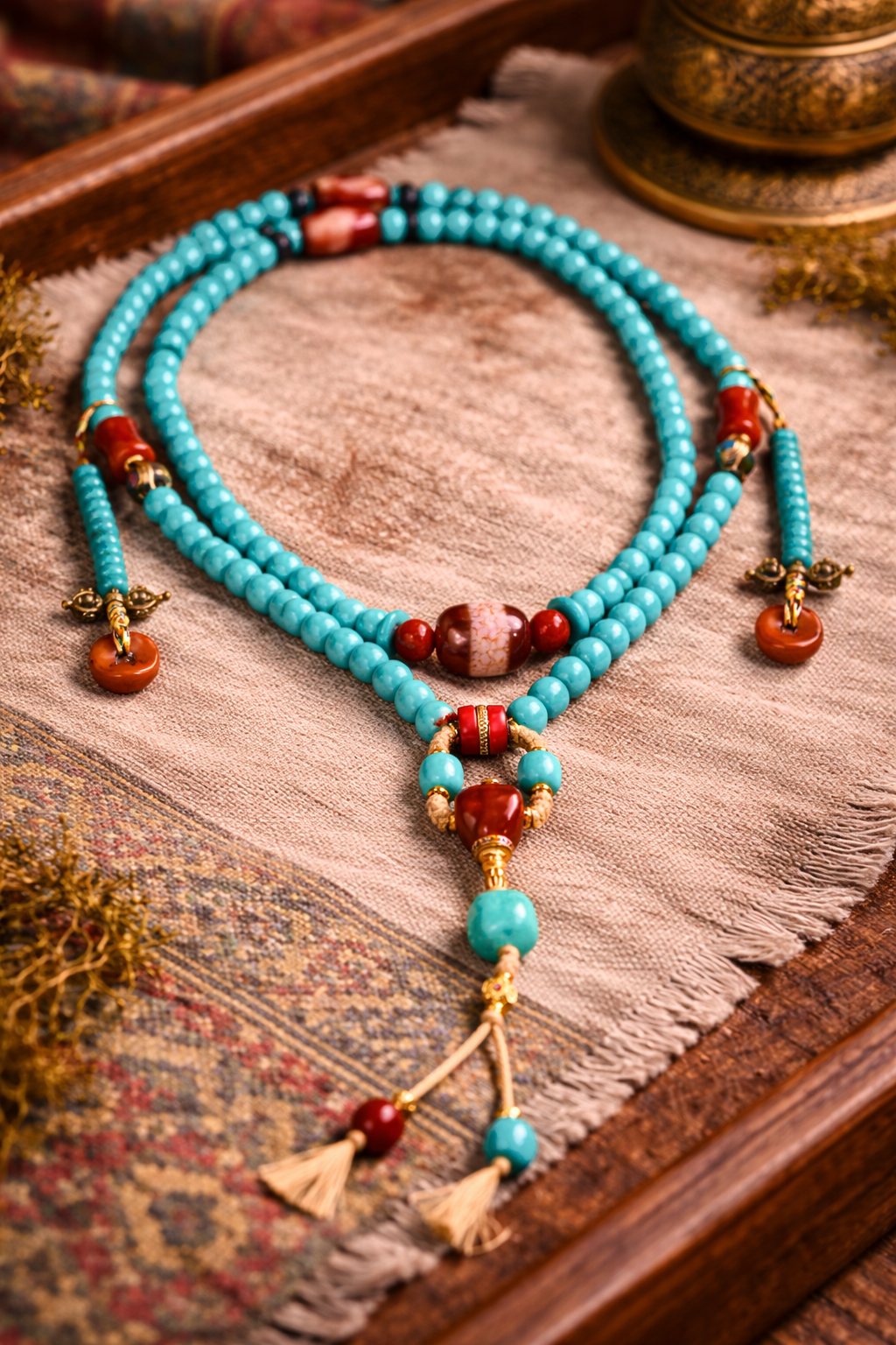 Healing Guardian Turquoise Dzi Bead Tibetan Necklace