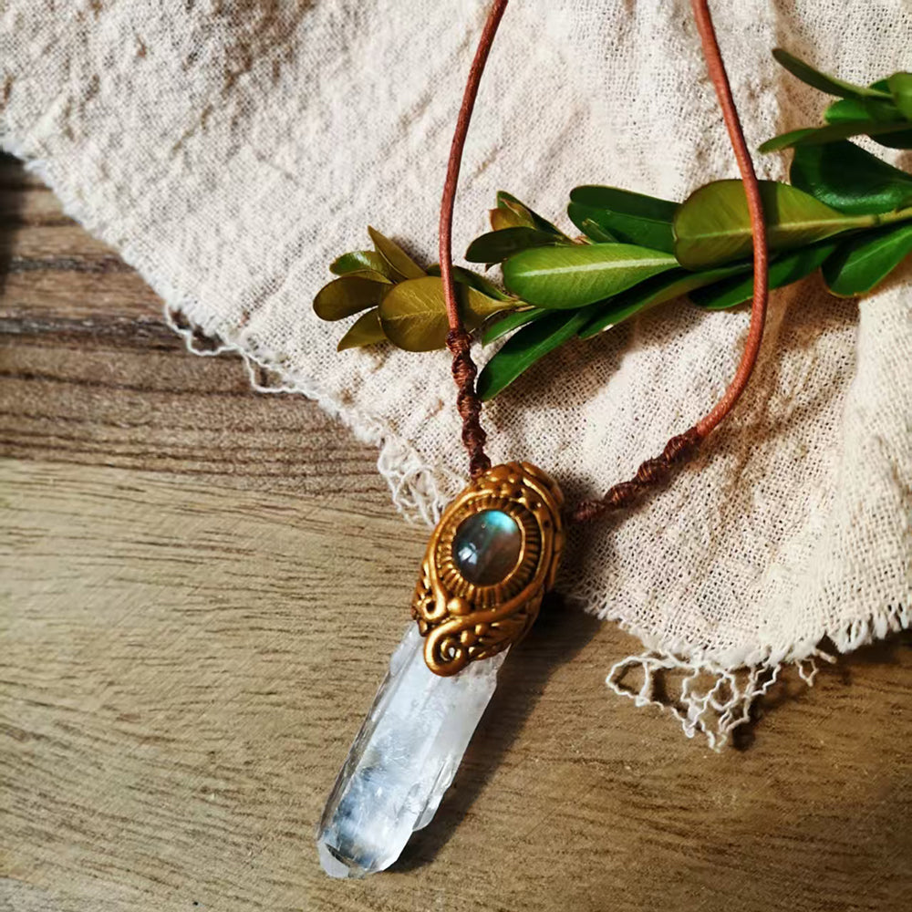 Tibetan Himalayan Clear Quartz Necklace with Labradorite for Purity and Spiritual Clarity