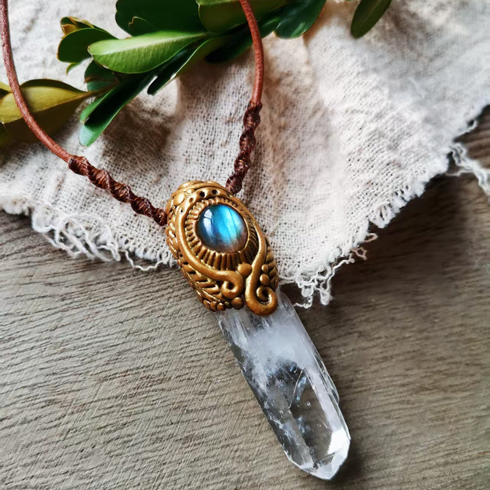 Tibetan Himalayan Clear Quartz Necklace with Labradorite for Purity and Spiritual Clarity