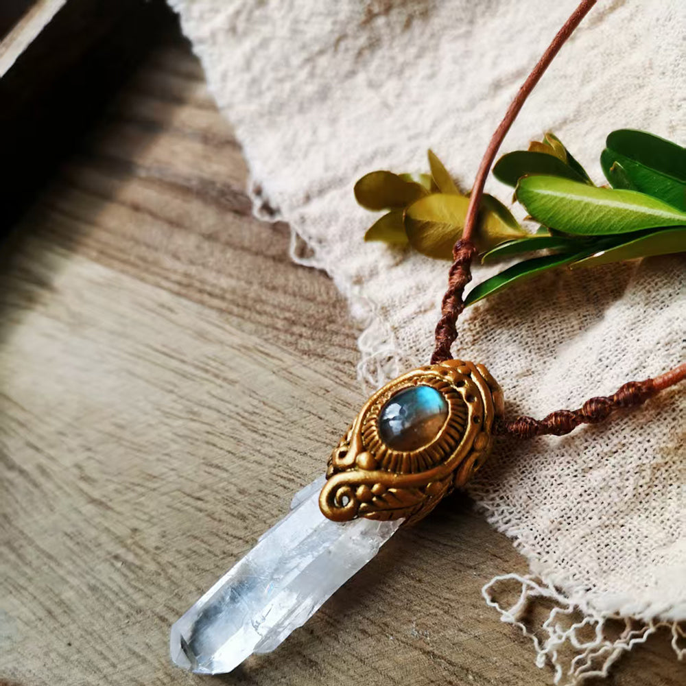 Tibetan Himalayan Clear Quartz Necklace with Labradorite for Purity and Spiritual Clarity