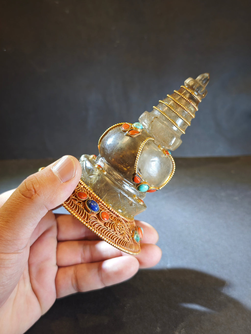 Naturally Etched Himalayan Smoky Quartz Stupa Sculpture