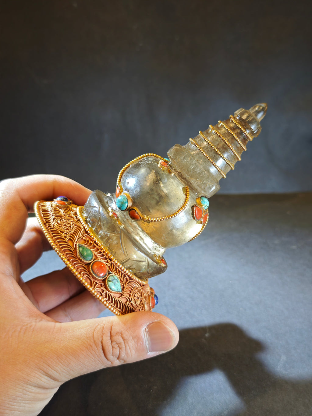 Naturally Etched Himalayan Smoky Quartz Stupa Sculpture