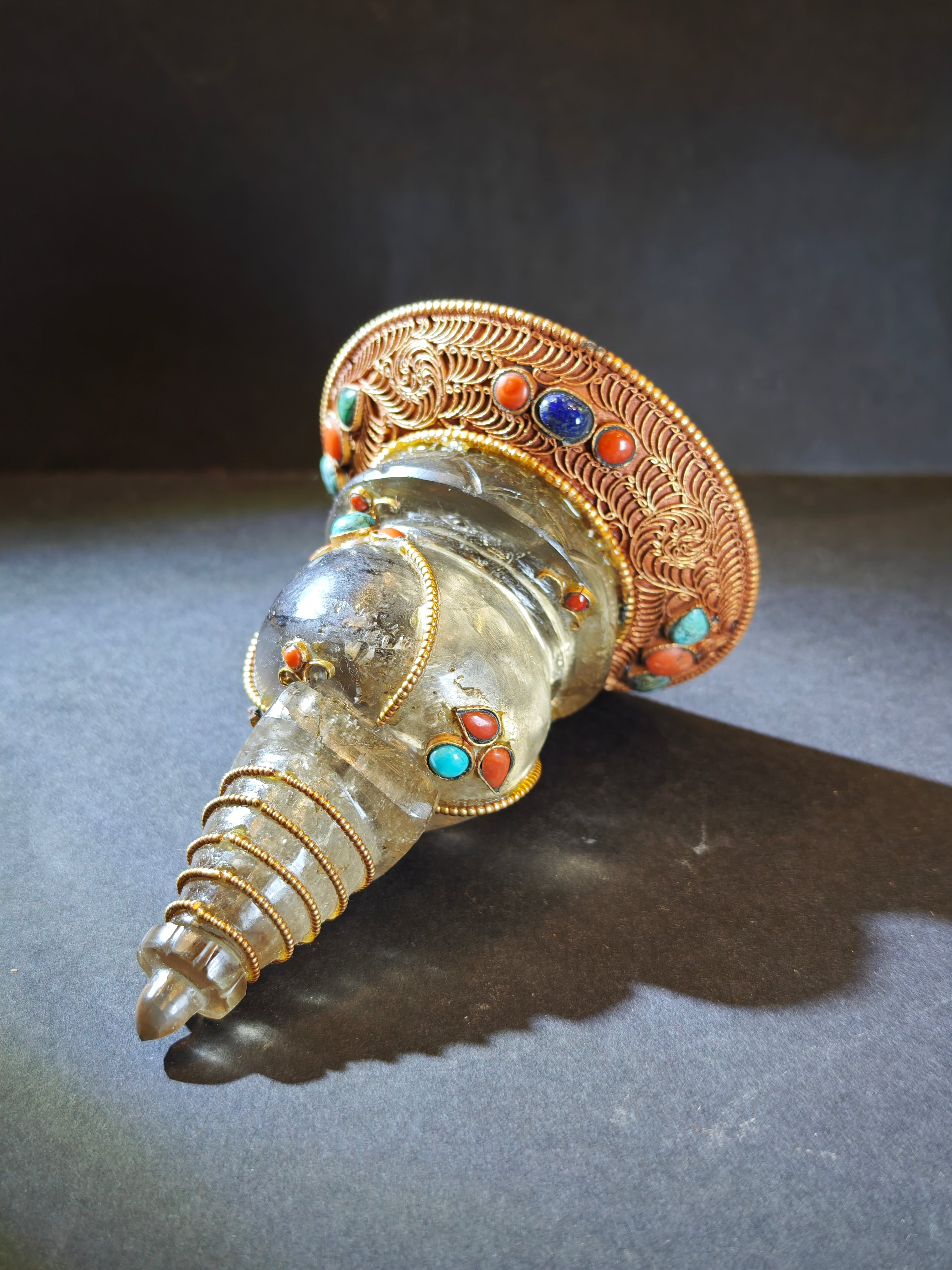 Naturally Etched Himalayan Smoky Quartz Stupa Sculpture