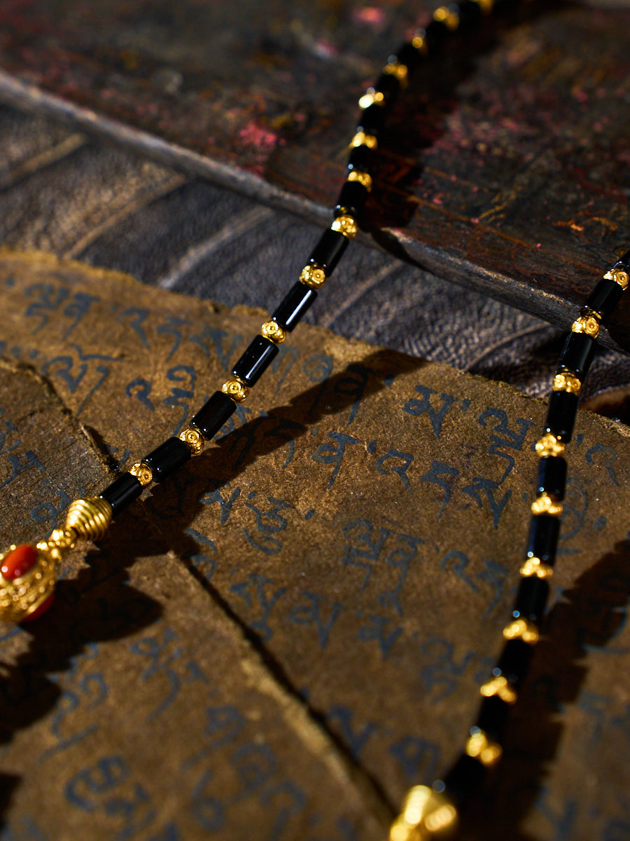 Triple Wealth & Sacred Vision – Panda Three-Eyed Dzi Bead Black Agate Handmade Necklace