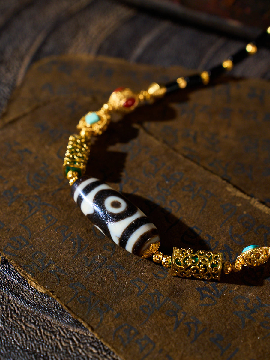 Triple Wealth & Sacred Vision – Panda Three-Eyed Dzi Bead Black Agate Handmade Necklace