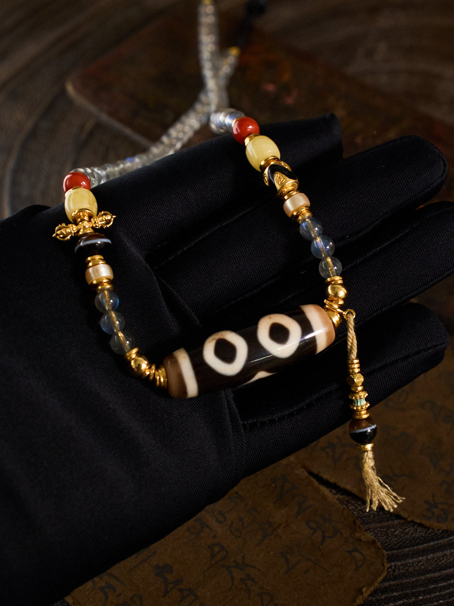 Triple Blessings of Wealth, Health & Longevity – Three-Eyed Dzi Bead Labradorite 108 Mala Necklace