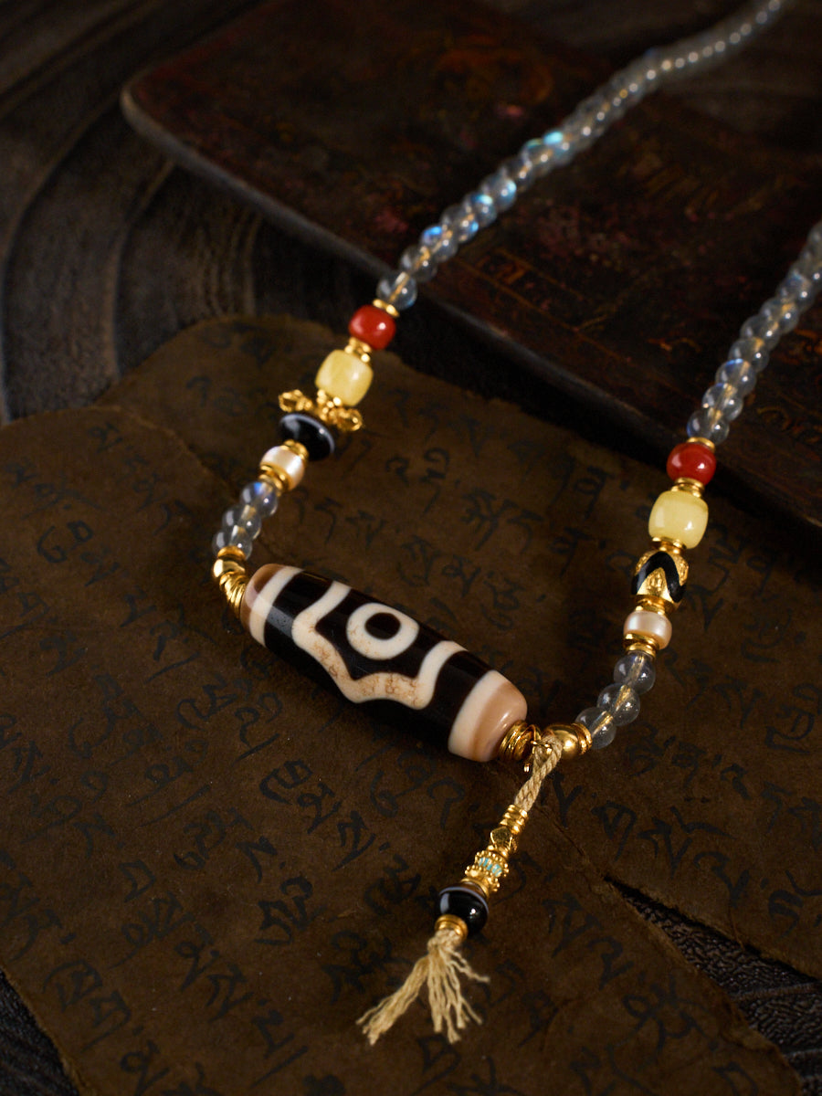 Triple Blessings of Wealth, Health & Longevity – Three-Eyed Dzi Bead Labradorite 108 Mala Necklace