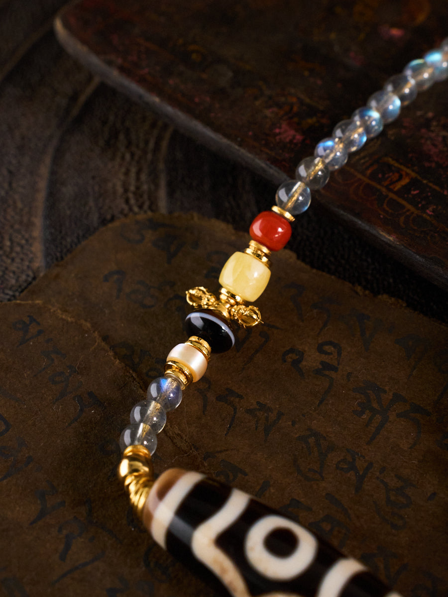 Triple Blessings of Wealth, Health & Longevity – Three-Eyed Dzi Bead Labradorite 108 Mala Necklace